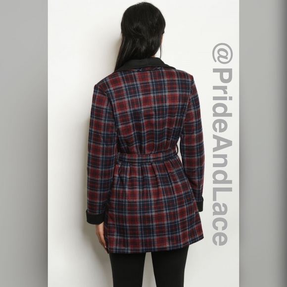 🔴⚫️BLACK BURGUNDY CHECKERED TRENCH JACKET⚫️🔴 - Picture 5 of 10